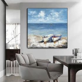Hand Painted Oil Paintings Abstract Seascape Painting Boats On The Beach Living Room Hallway Luxurious Decorative Painting (style: 1.0, size: 80x80cm)