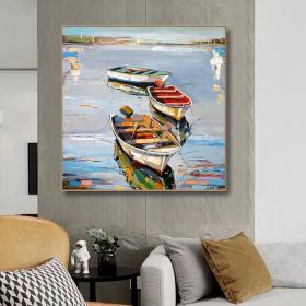 Hand Painted Oil Painting Canoe oil Paintings Nordic Seascape-Hand-Painted- Colorful Boats Oil Painting-Wall Art Handmade- For Home Decoration (style: 1.0, size: 120x120cm)